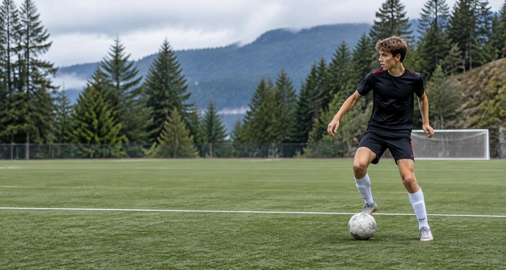 Young soccer player developing his skills on a Vancouver Island pitch